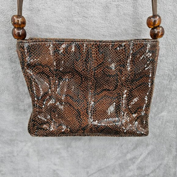 Basix New York Snake Print Textured Leather Shoulder Bag Brown Black Beads Strap - Picture 6 of 14